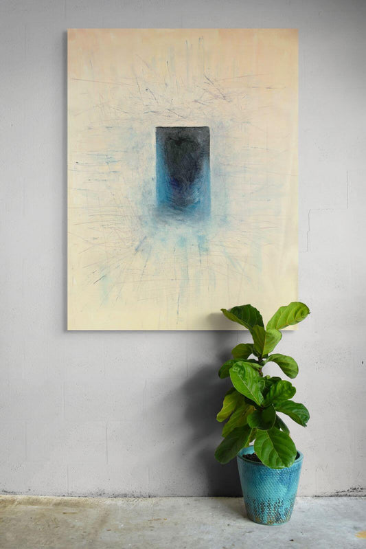 Original oil painting 'Singularity' by PAINT POET depicting a dark indigo monolith on canvas.