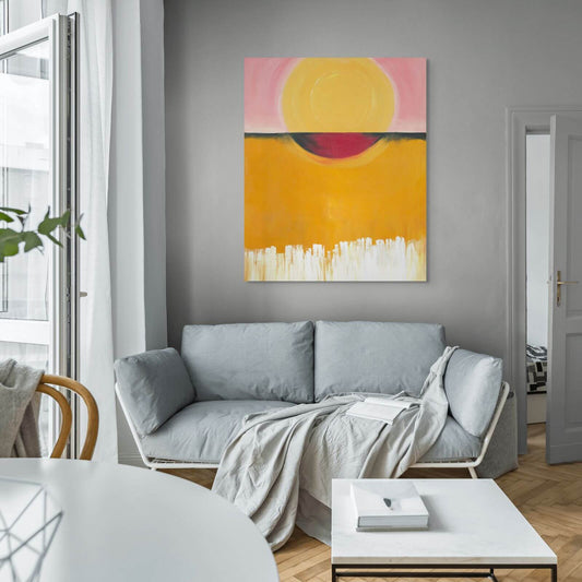 Original oil painting 'Hemisphere' in a modern living room setting, showcasing vibrant yellow and pink hues.