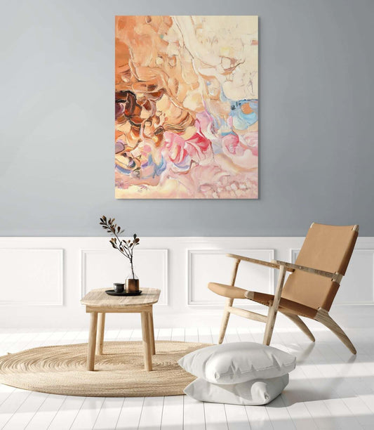 Original oil painting 'Earthbound Reverie' displayed in a modern living room setting.