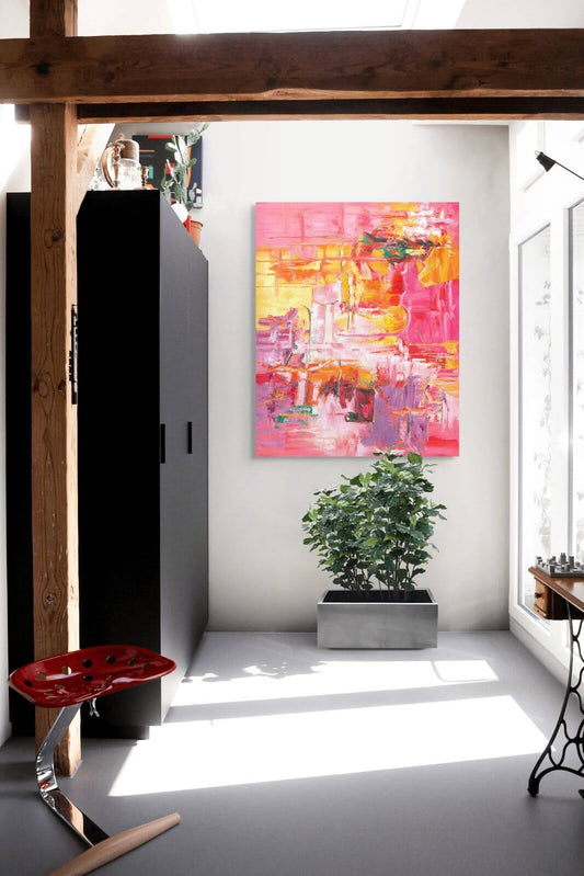 Original oil painting 'Heatwave in Bloom' displayed in a modern interior with vibrant colors and artistic decor.