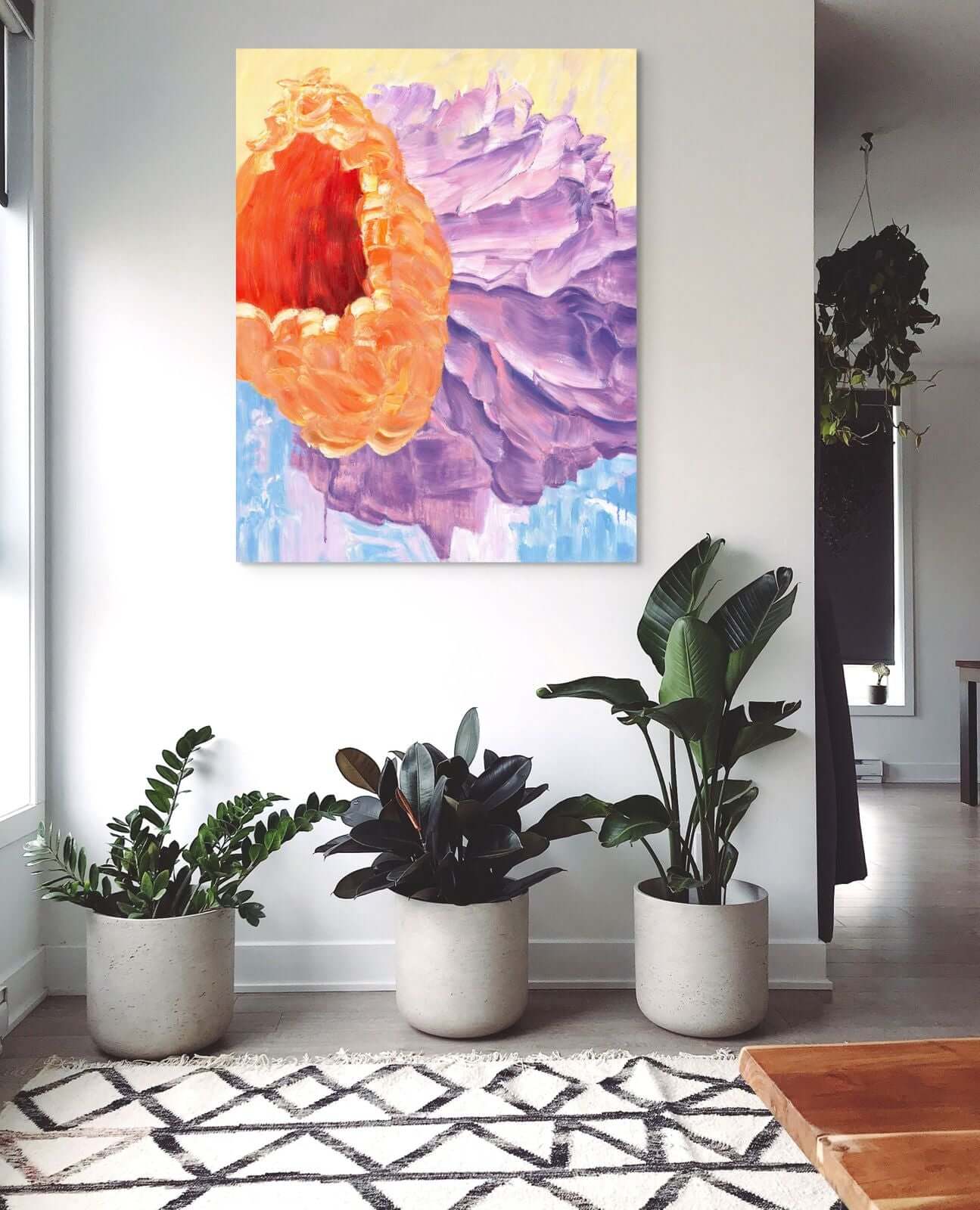 Original oil painting "Bloom Echo" featuring vibrant floral forms in a modern living space.