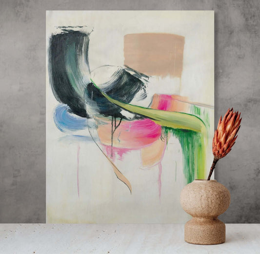 Original oil painting 'Soft Collision' featuring dynamic brush strokes in black, chartreuse, and blush pink on canvas.