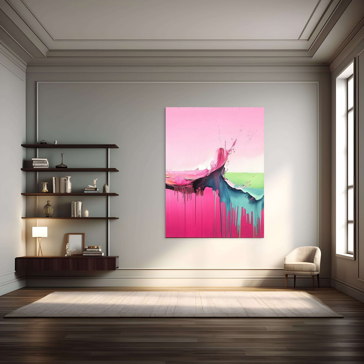 Original oil painting "Petal Break" featuring vibrant pink, teal, and green colors in a modern living room setting.
