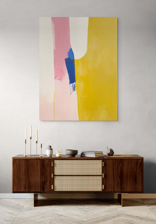 Original oil painting "Thresholds" featuring saffron yellow, blush pink, and ultramarine on a stylish wall.