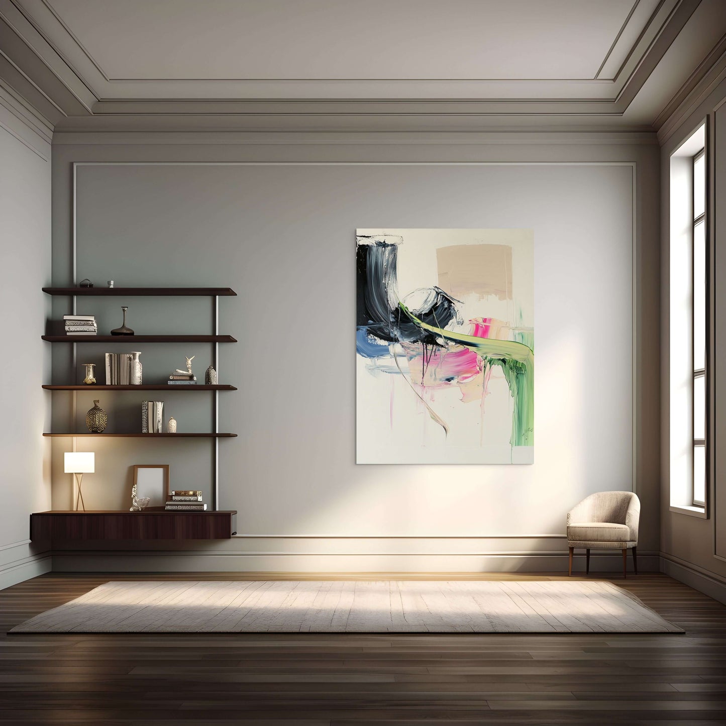 Original oil painting 'Soft Collision' in elegant living room setting, showcasing vibrant colors and dynamic brushwork.
