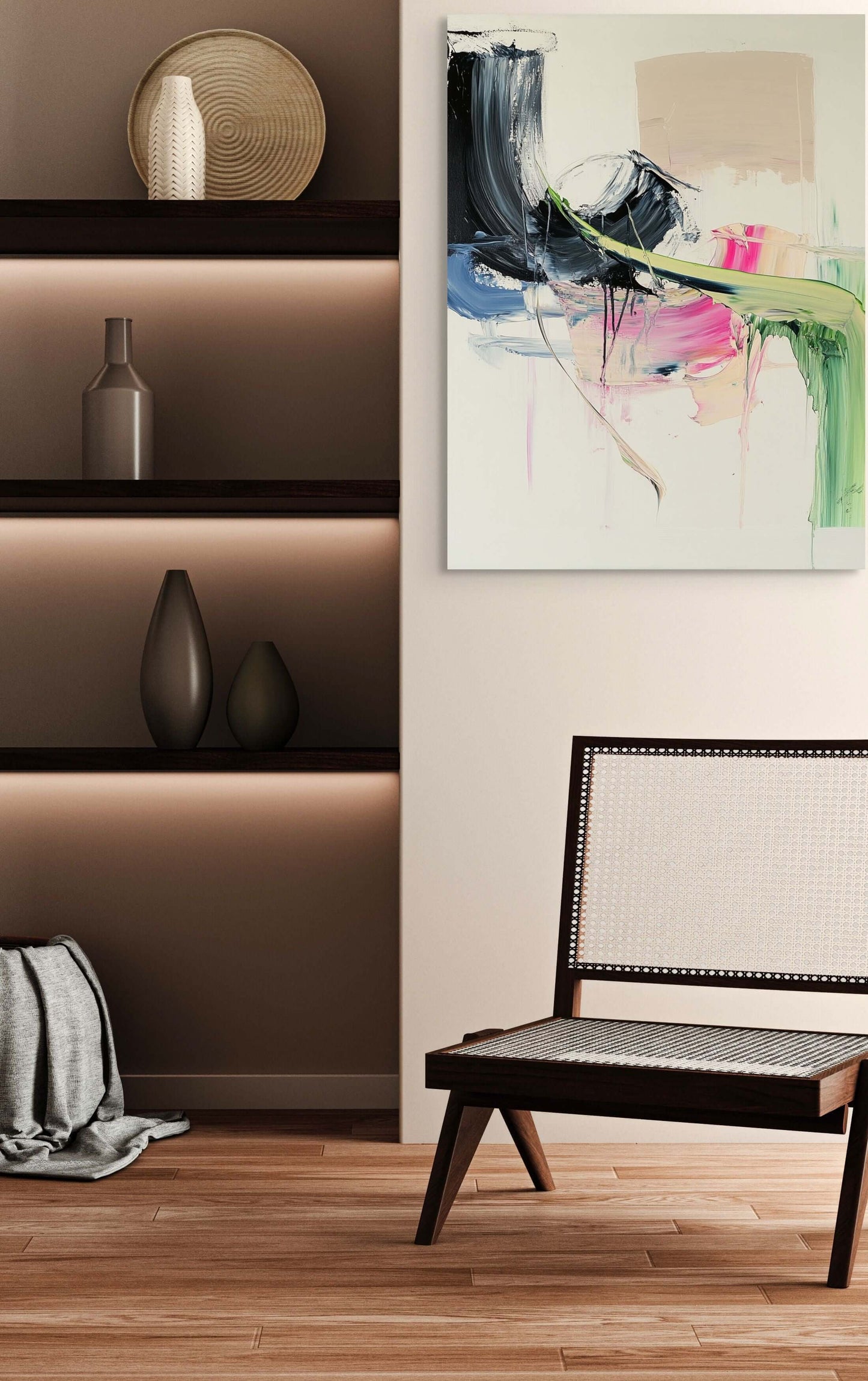 Original oil painting 'Soft Collision' displayed in a modern living room, featuring dynamic black, chartreuse, and blush pink strokes.