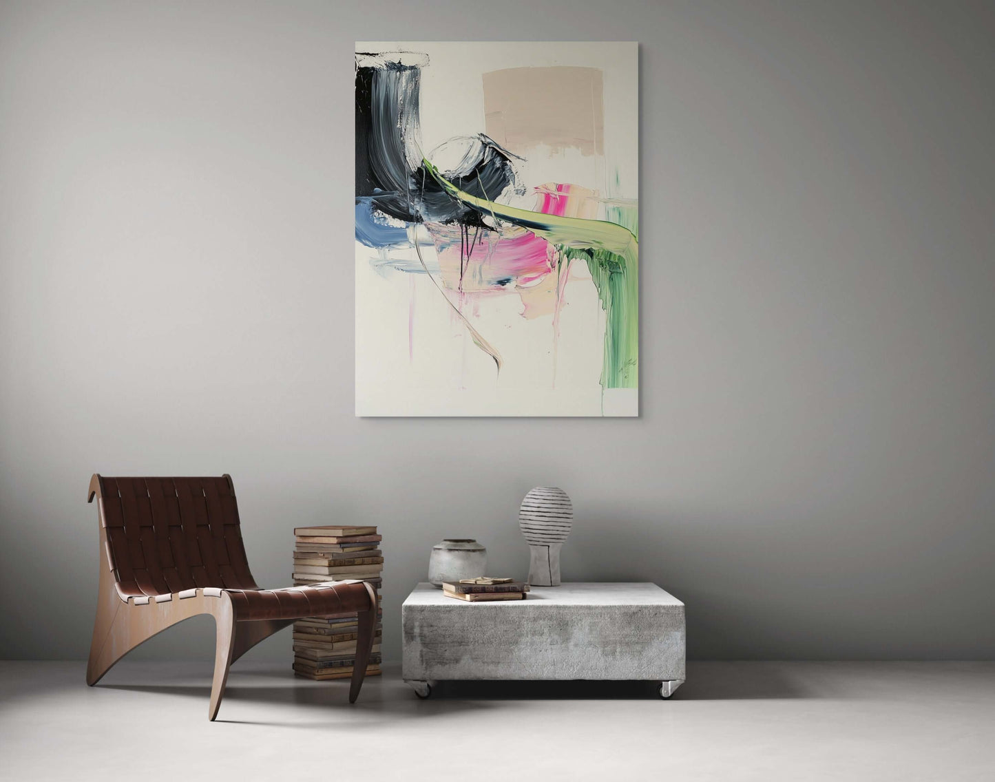 Original oil painting 'Soft Collision' by PAINT POET, featuring dynamic colors in an artistic interior setting.