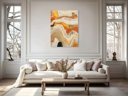 Original oil painting "Echoes of Earth" in warm tones displayed above a modern sofa in a stylish living room.