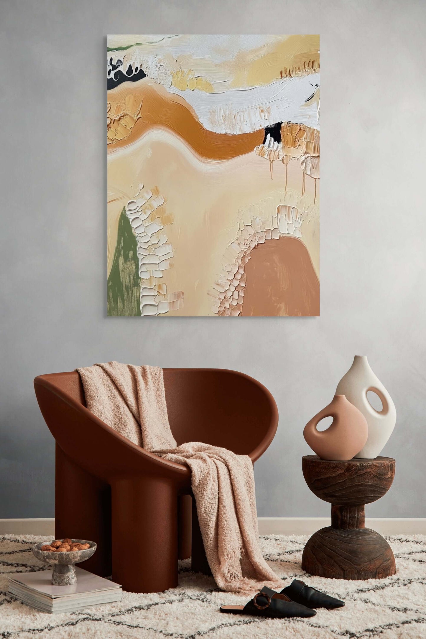 Original oil painting 'Echoes of Earth' displayed in a modern living room with a cozy chair and decor.