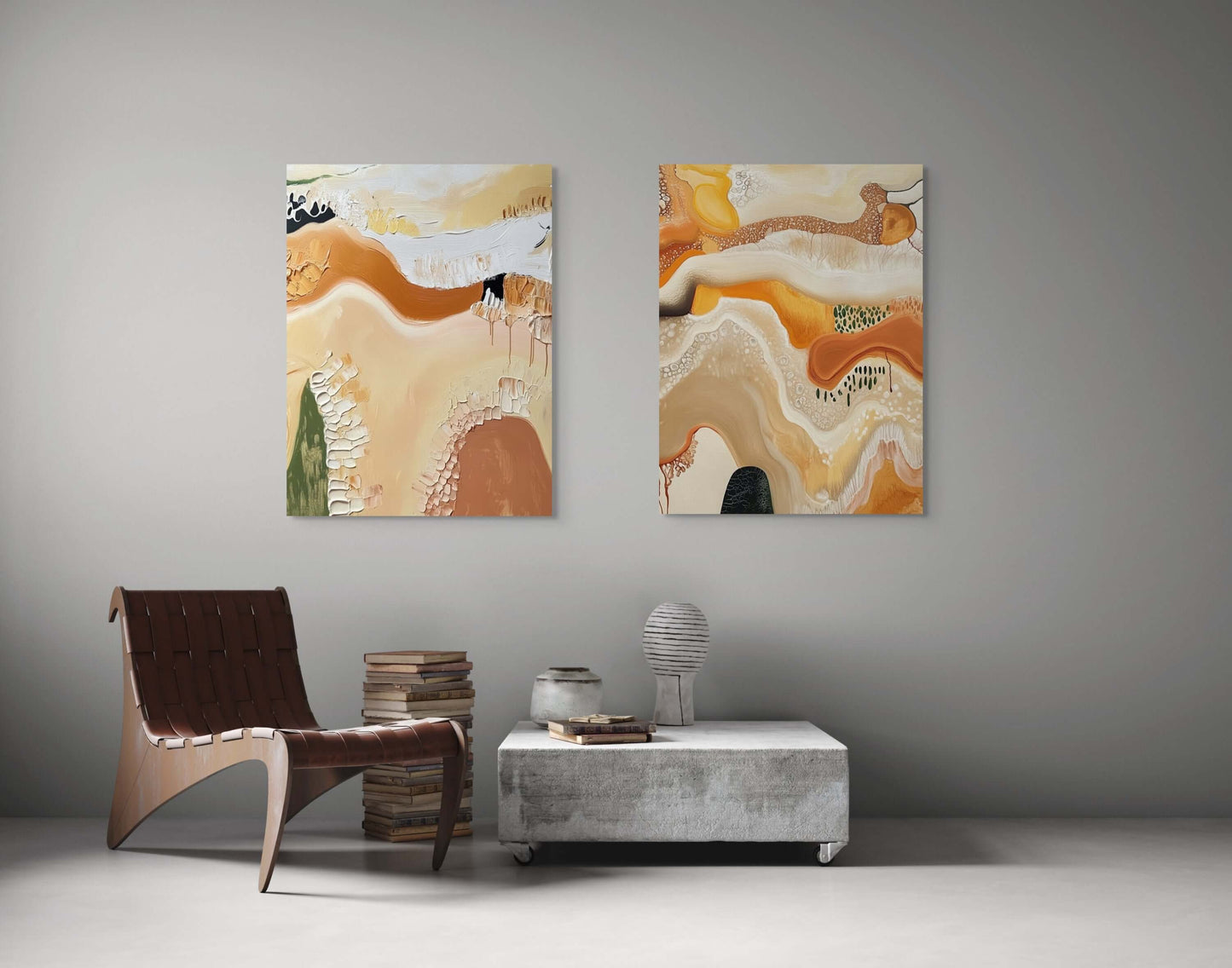 Original oil paintings "Echoes of Earth" displayed in a modern living room, showcasing earthy tones and abstract textures.