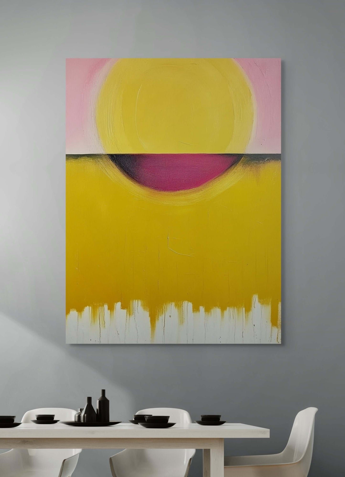 Original oil painting 'Hemisphere' featuring vibrant yellow, pink, and crimson abstract design on canvas.