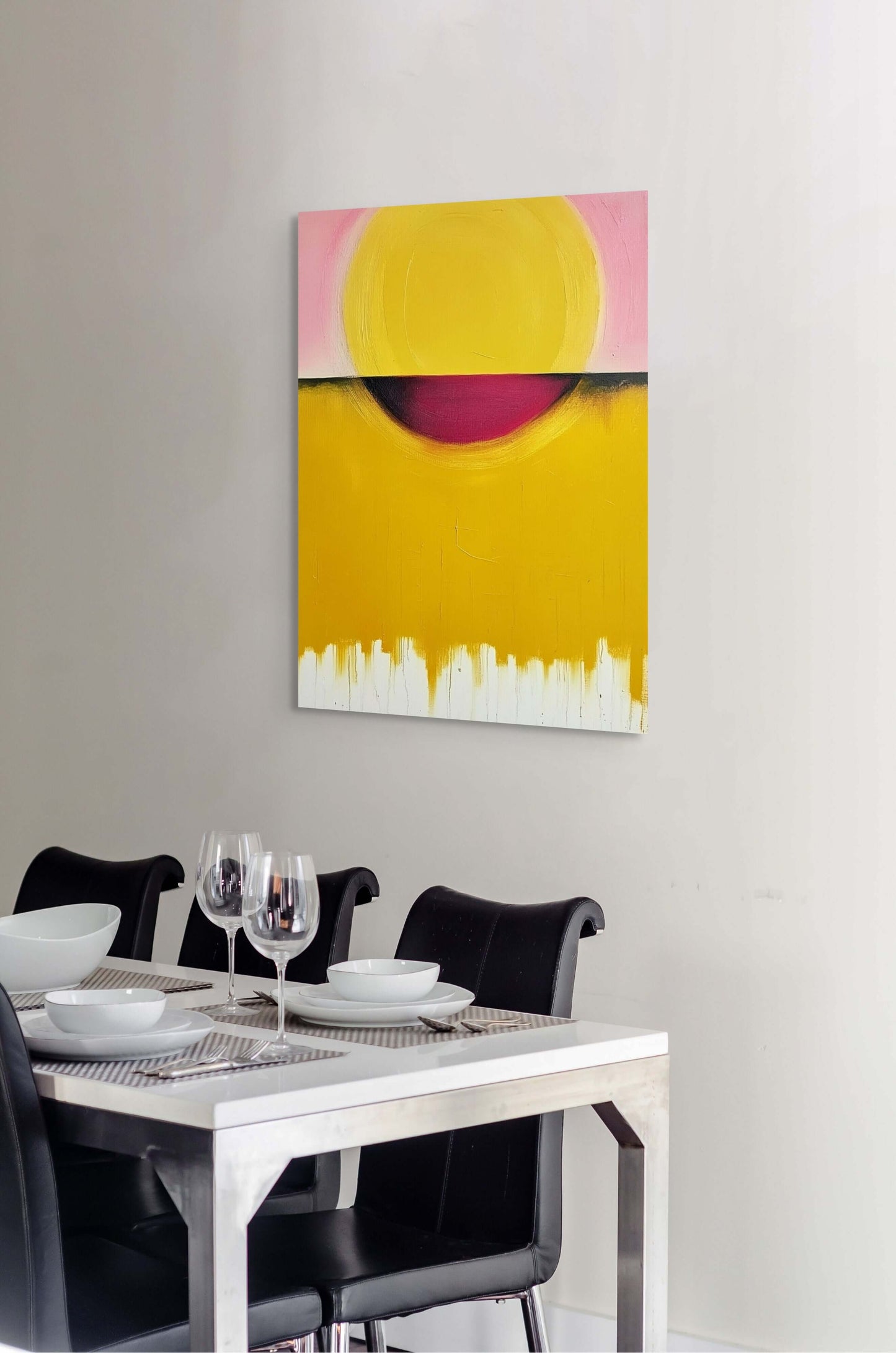 Original oil painting "Hemisphere" featuring a vibrant yellow orb above a dining table.