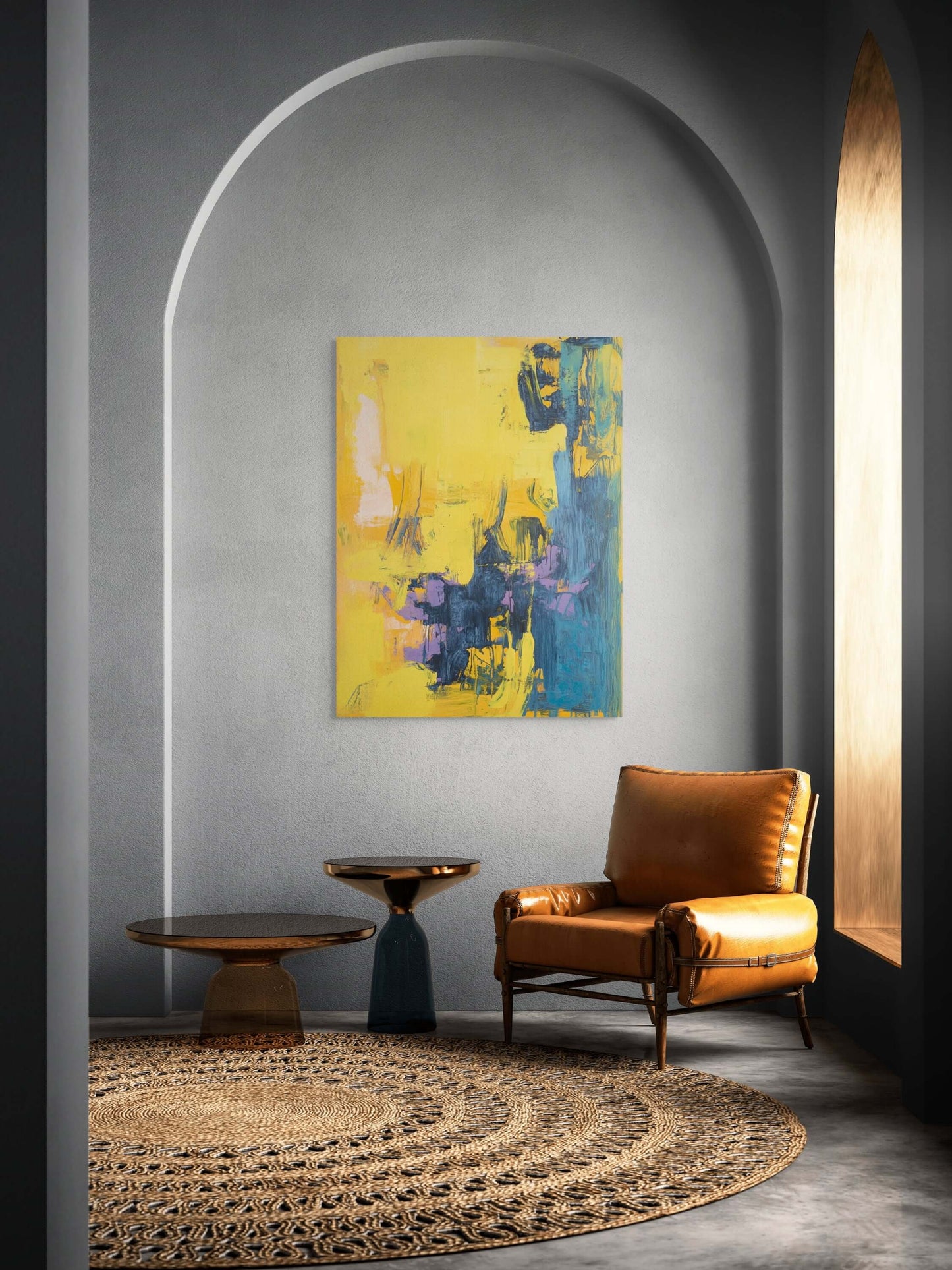 Original Oil Painting 'Chromatic Interference' in a modern living room with a leather chair and circular rug.