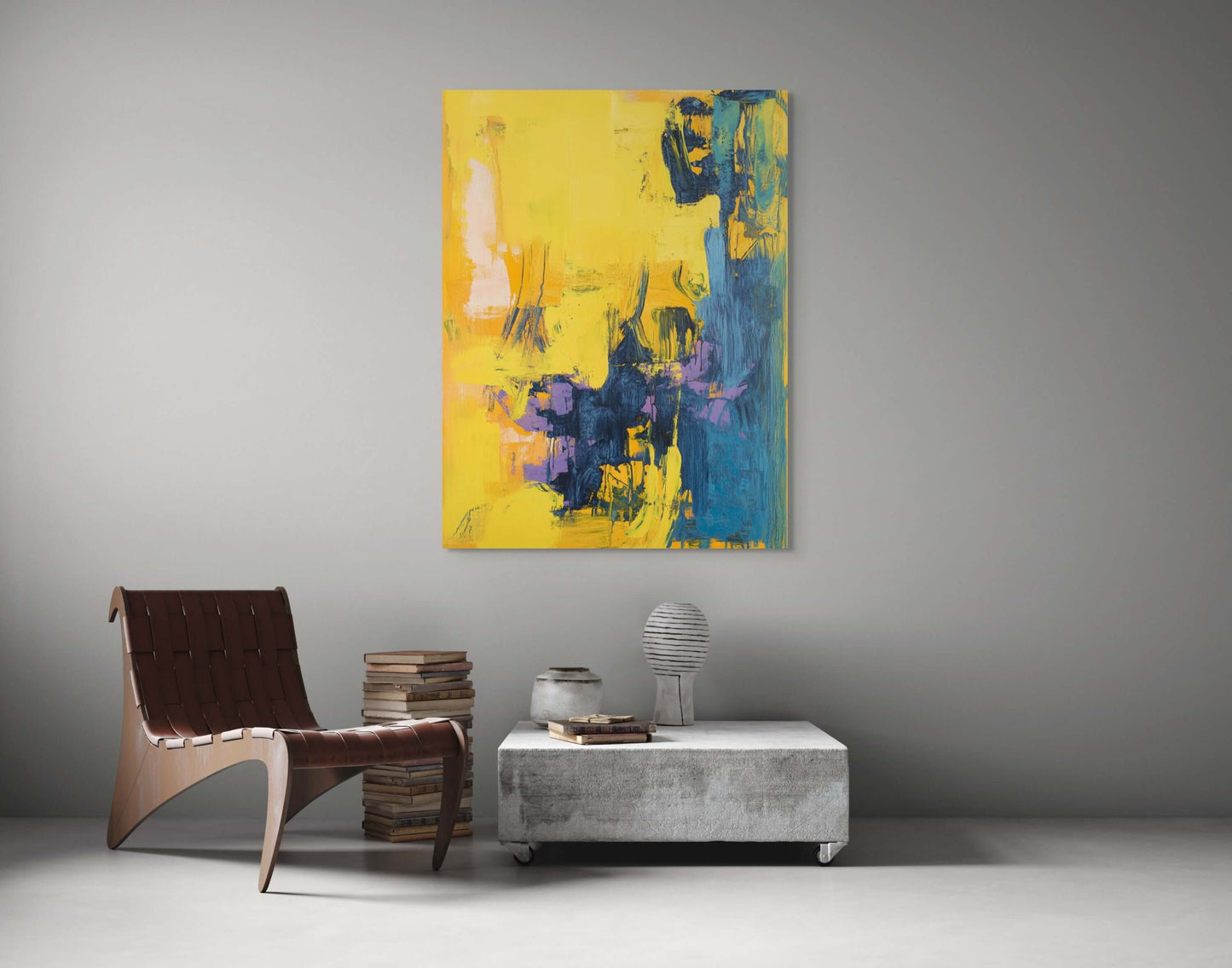 Contemporary living room featuring 'Chromatic Interference' oil painting with vibrant yellow and blue colors.