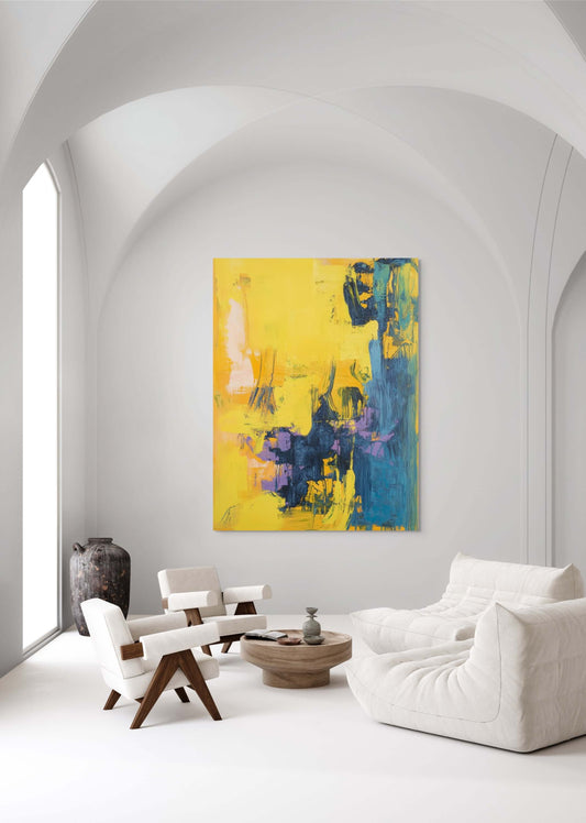Original oil painting 'Chromatic Interference' displayed in a modern living room with white furniture.