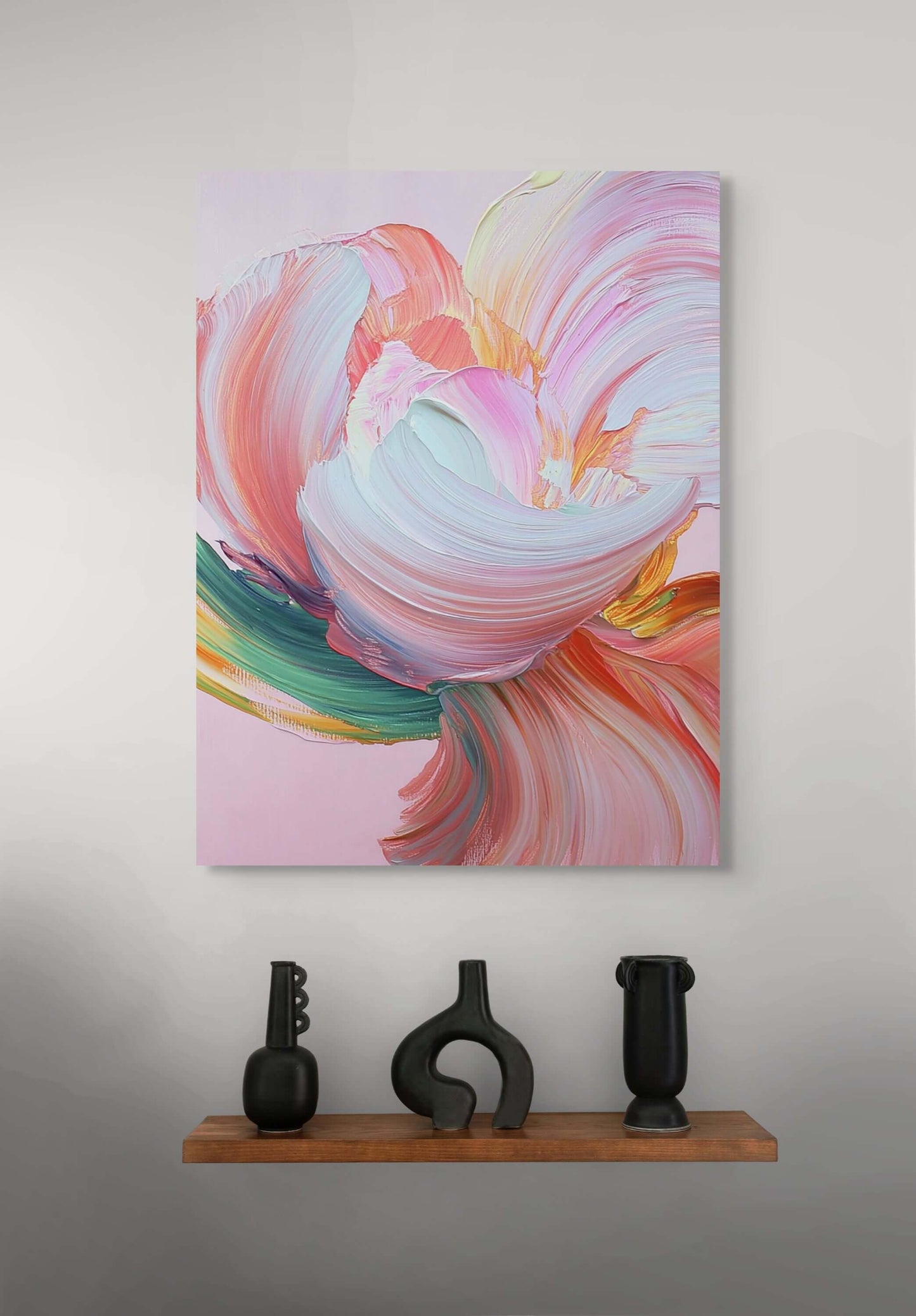 Original oil painting "Flare of Becoming" with colorful brushstrokes, displayed above minimalist vases on a wooden shelf.
