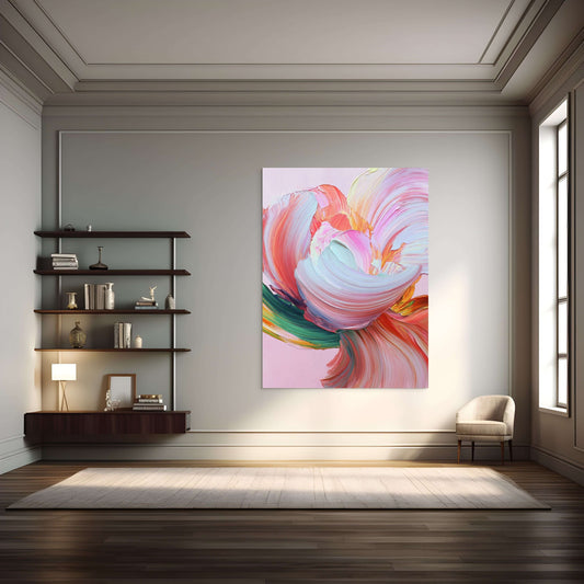 Original oil painting 'Flare of Becoming' by PAINT POET, vibrant colors and dynamic brushstrokes on display in modern interior.