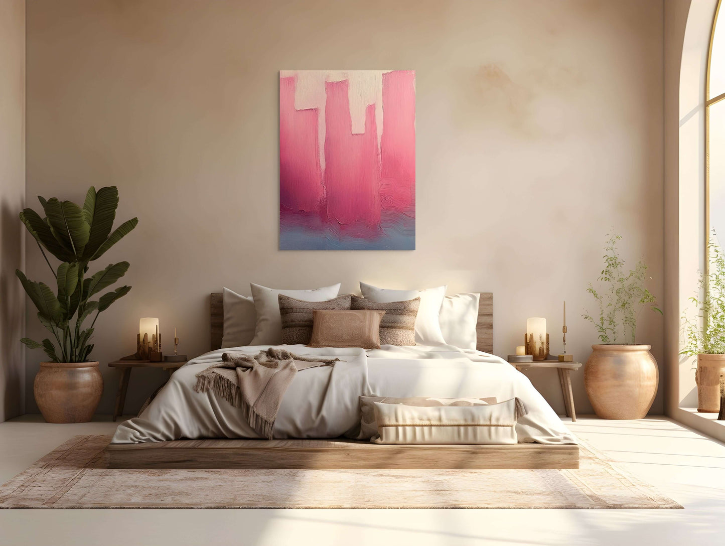 Original oil painting 'City in Bloom' in a modern bedroom, showcasing soft pink hues and abstract architecture.