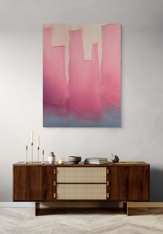 Original oil painting 'City in Bloom' in a modern living room, featuring soft pink hues and an impressionistic design.