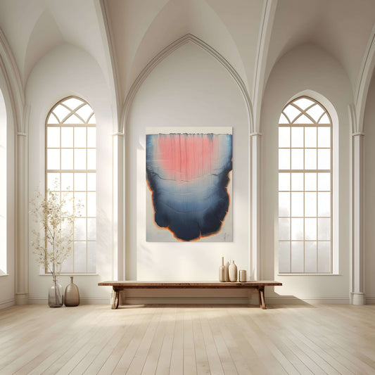 Original oil painting 'Lumen Descent' in a bright room with tall windows and minimalist decor.