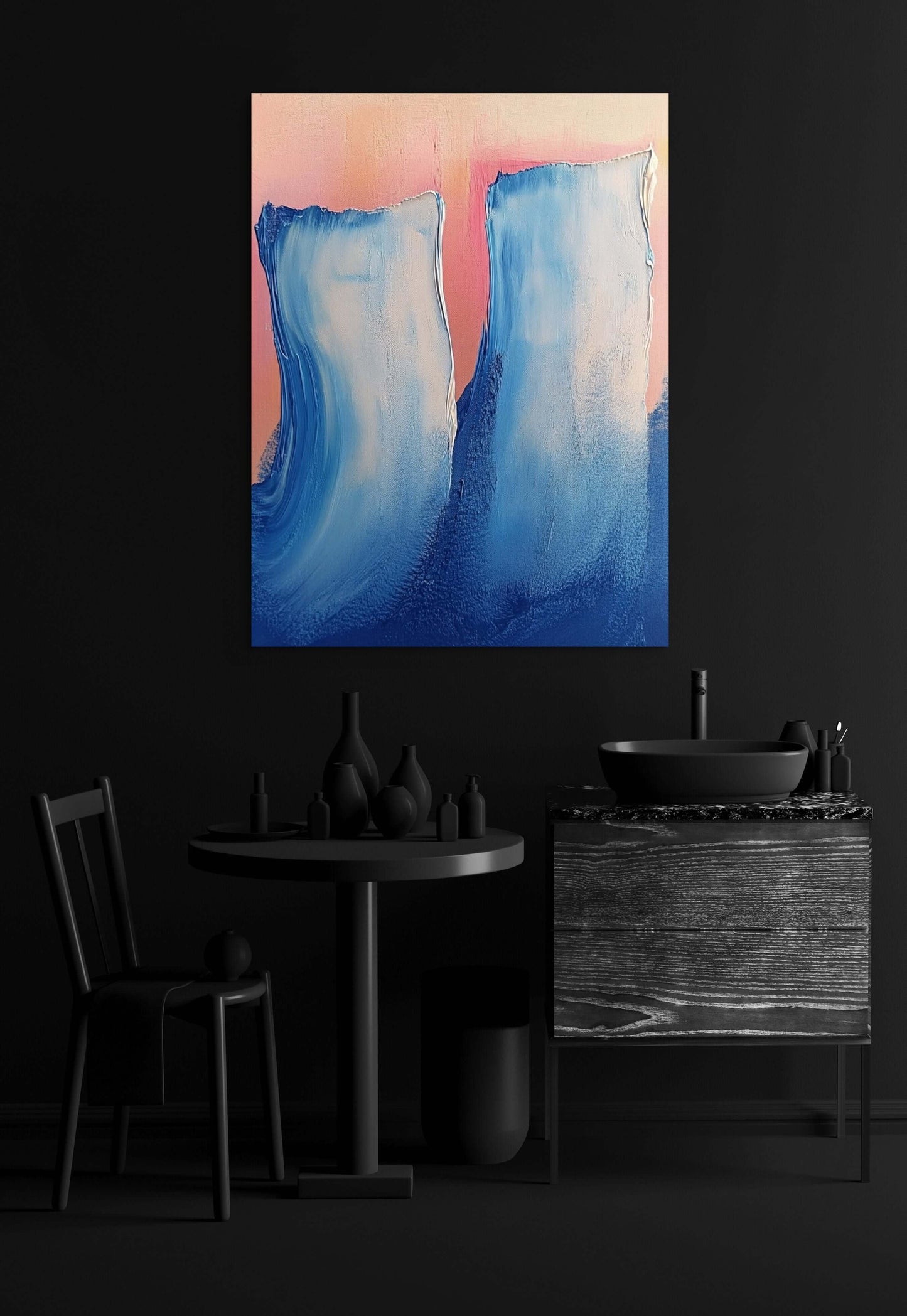 Oil painting 'Frozen Chorus' showcasing blue forms against peach backdrop in elegant home setting.