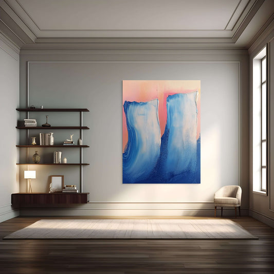 Original oil painting 'Frozen Chorus' featuring two blue forms against a blush background in a modern interior setting.