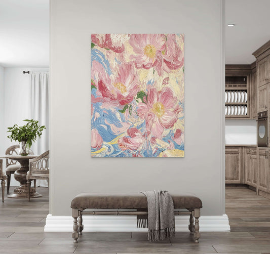 Original oil painting 'Whispers of Spring' featuring vibrant pink and blue floral blooms in a stylish home interior.