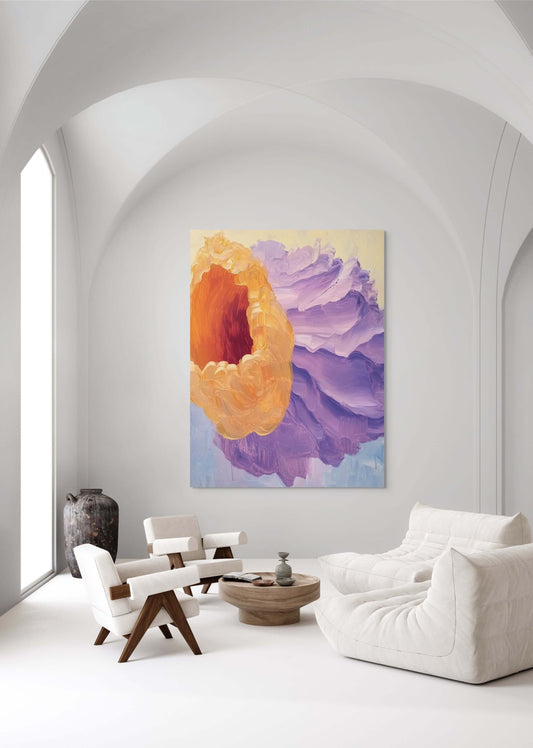 Interior featuring Original Oil Painting 'Bloom Echo' surrounded by modern furniture.