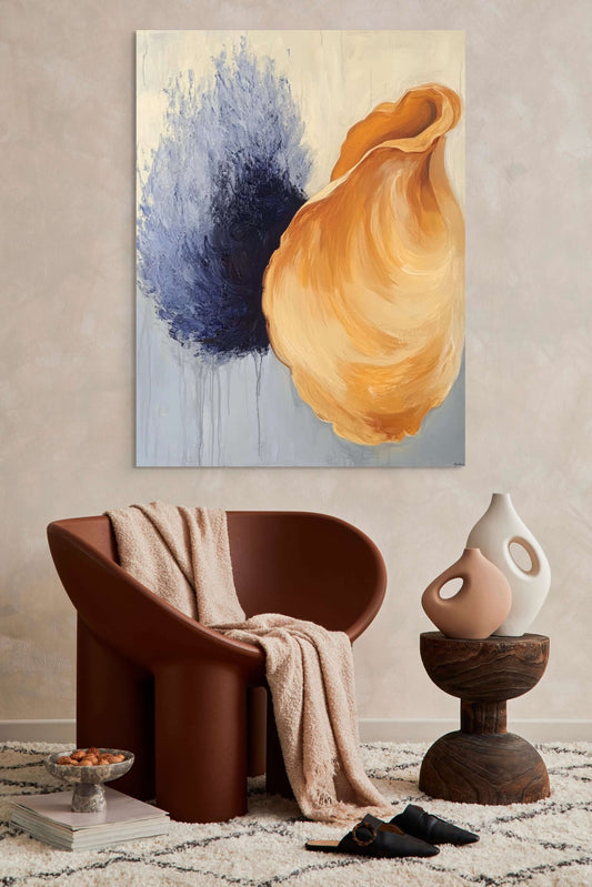 Original oil painting 'Whisper of Shell and Smoke' featuring an amber shell and blue abstract background in modern decor.