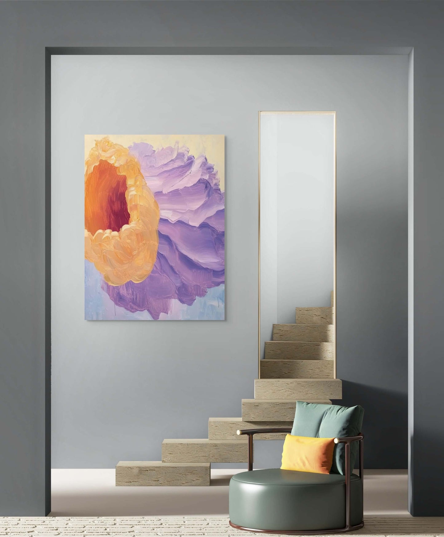 Original oil painting 'Bloom Echo' in modern interior, showcasing vibrant flower-like forms.