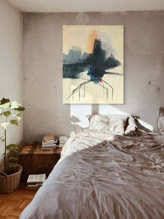 Original oil painting 'Fault Line' displayed in a cozy bedroom setting, featuring bold colors and striking design.