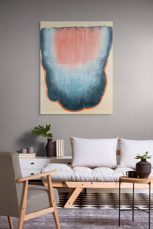 Original oil painting 'Lumen Descent' displayed in a modern living room, showcasing vibrant coral and blue hues.