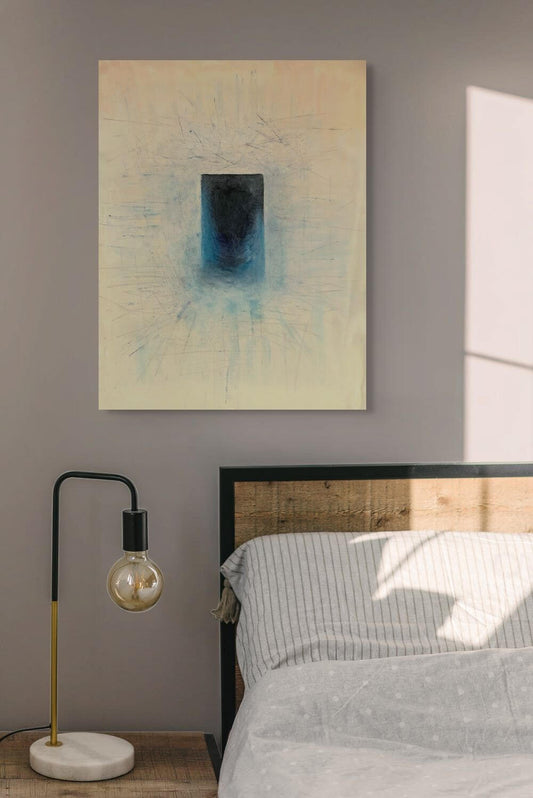 Original oil painting 'Singularity', a dark indigo form on a pale background, featured in a cozy bedroom setting.