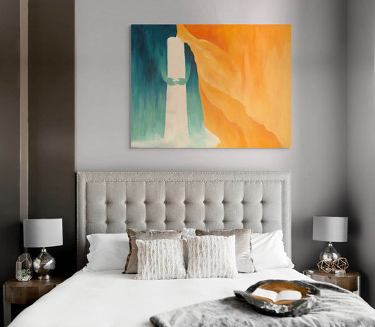 Original oil painting 'Veil of Ember' displayed above a stylish bed in a modern bedroom decor.