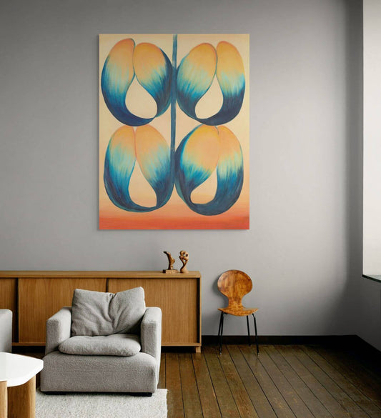 Original oil painting "Symbiotic Bloom" displayed in modern living room, showcasing vibrant colors and symmetry.