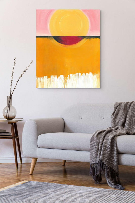 Original oil painting 'Hemisphere' featuring a vibrant yellow orb and abstract colors on canvas.