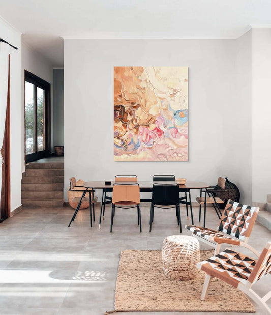 Original Oil Painting "Earthbound Reverie" displayed in a modern living room setting with minimalist decor.