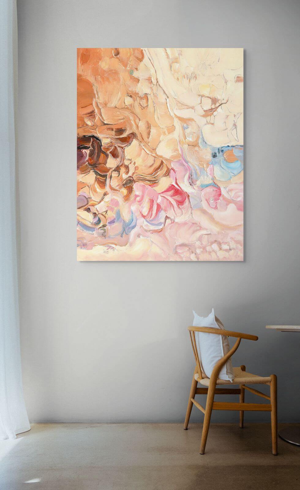 Original oil painting "Earthbound Reverie" showcasing swirling earthy tones in a modern interior setting.