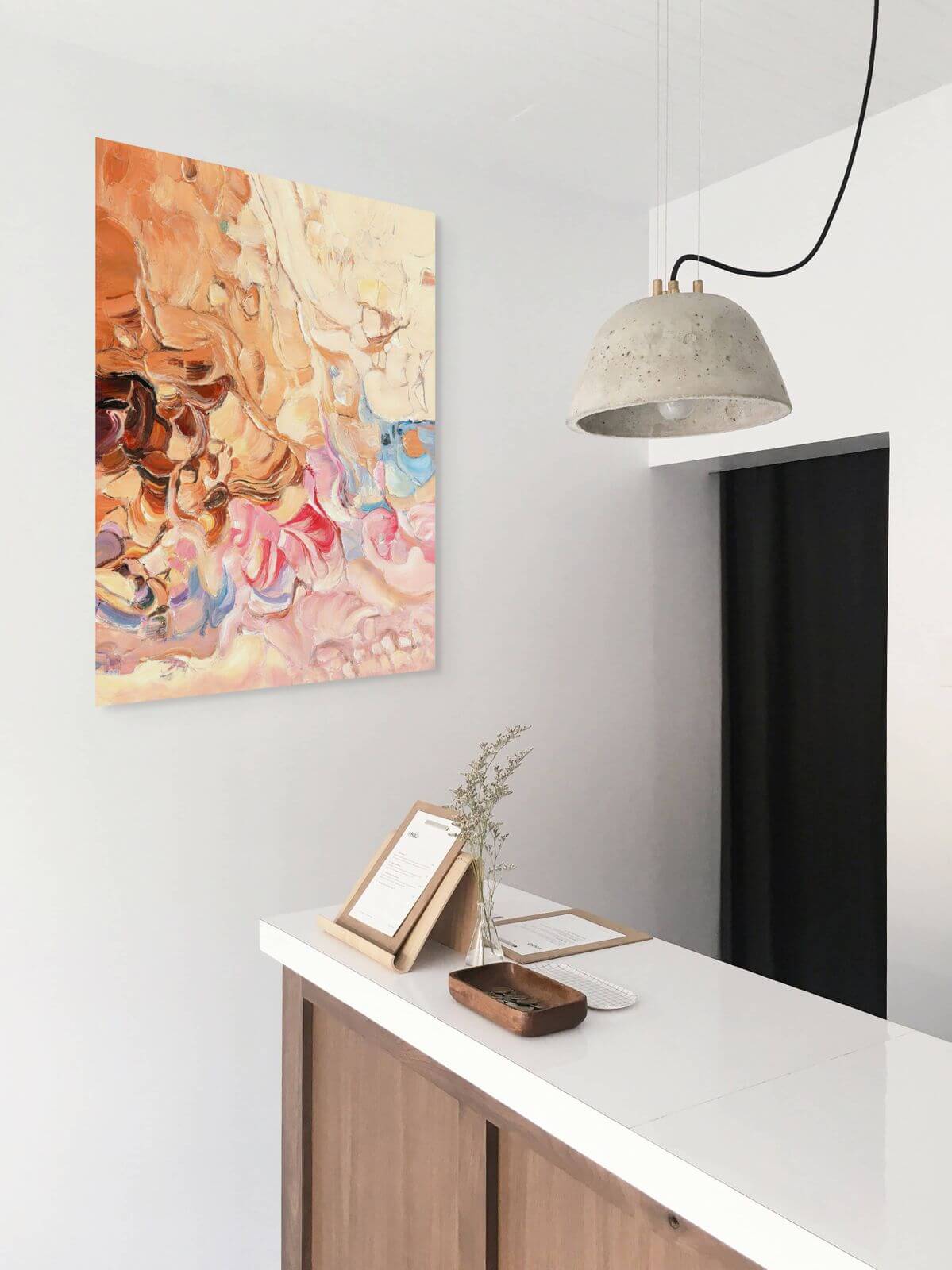 Original oil painting 'Earthbound Reverie' displayed in a modern interior, showcasing its vibrant colors and textures.