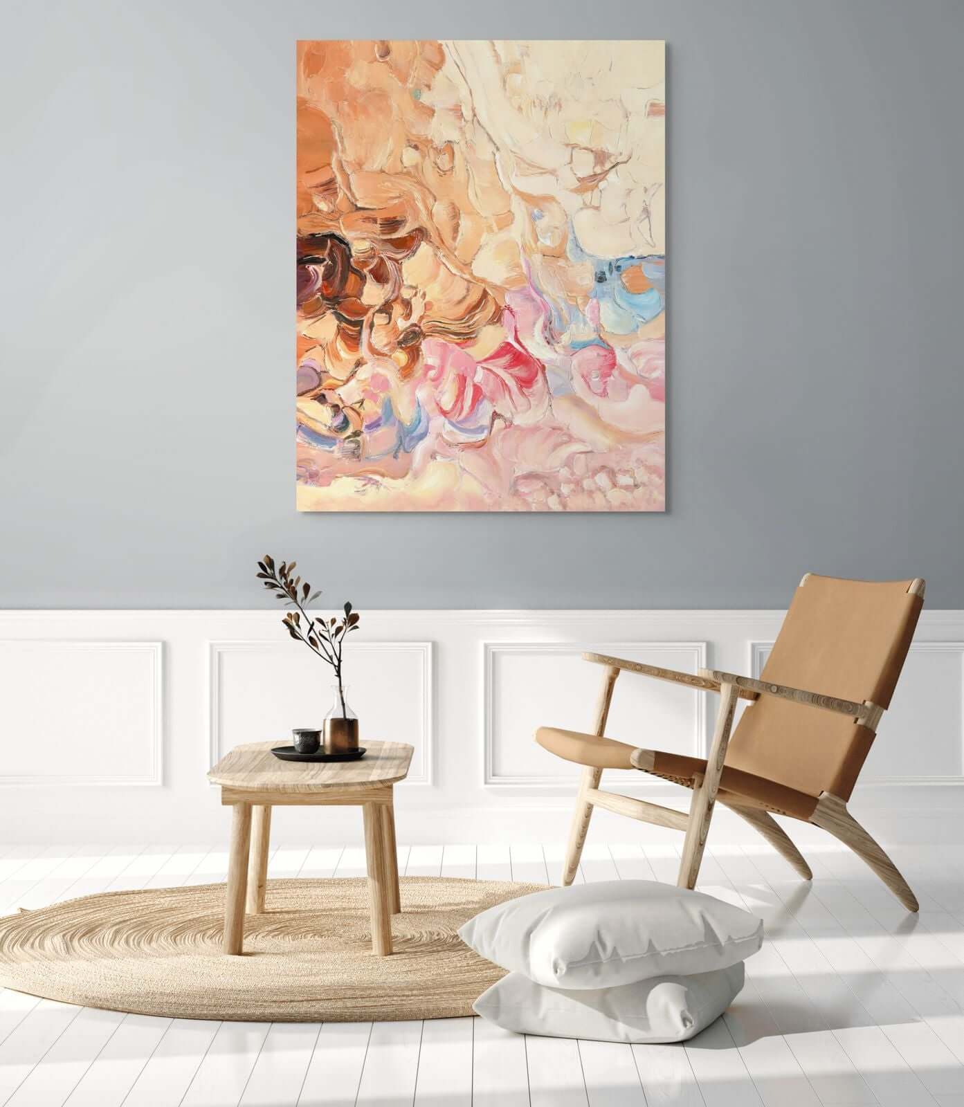 Original oil painting 'Earthbound Reverie' displayed in a modern living room setting.