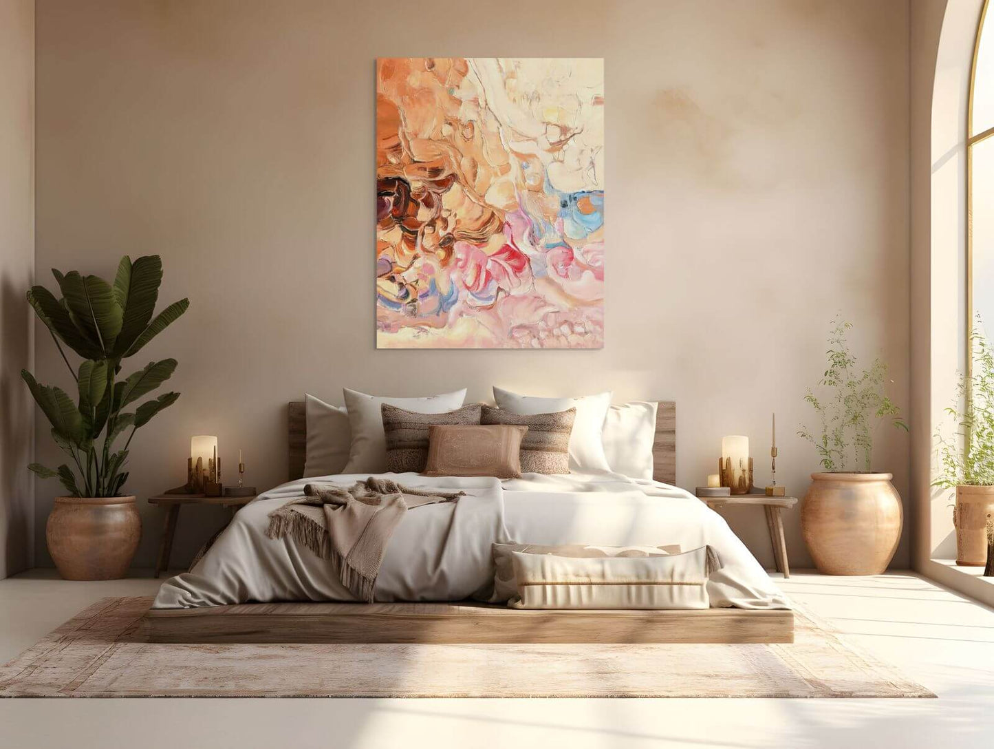Stylish bedroom featuring original oil painting 'Earthbound Reverie', adorned with neutral decor and plants.