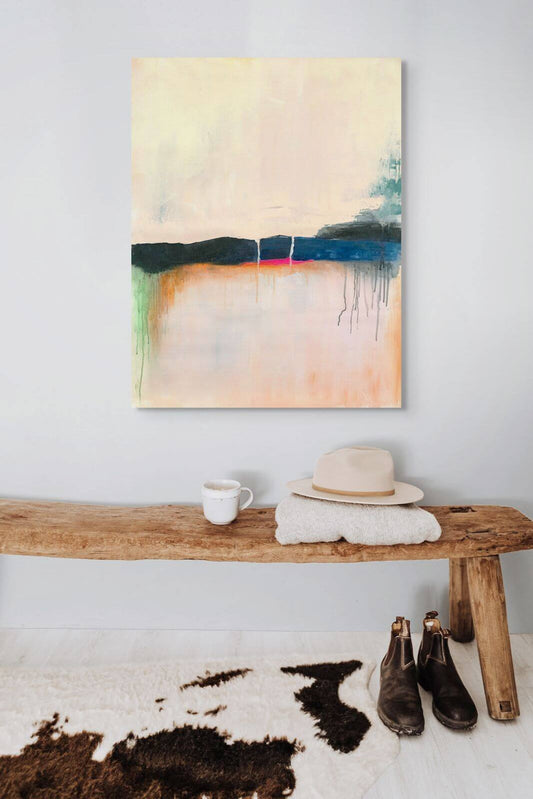 Original oil painting "Where the Sky Remembers" displayed in a cozy interior with rustic decor.