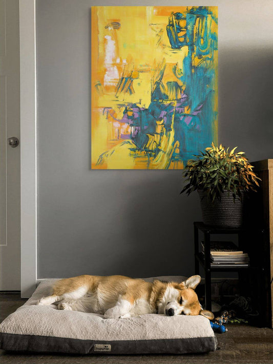 Cozy corgi sleeping on a bed, with vibrant 'Chromatic Interference' oil painting in the background.