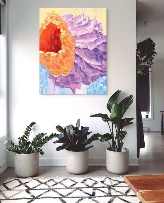 Original oil painting "Bloom Echo" featuring vibrant floral forms in a modern living space.