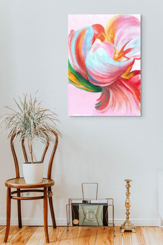 Original oil painting 'Flare of Becoming' on display, showcasing vibrant colors and dynamic brushstrokes.