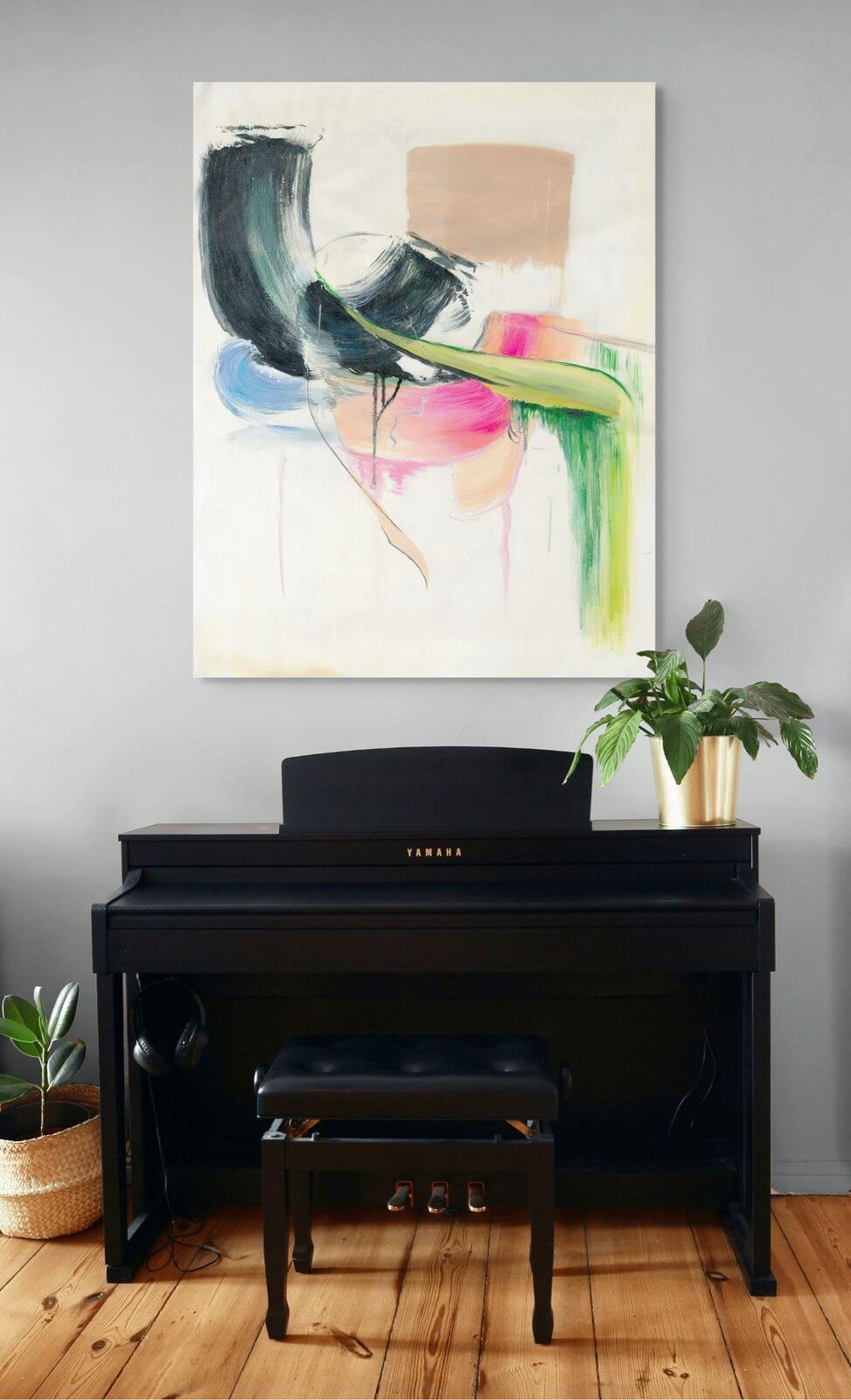 Original oil painting 'Soft Collision' displayed above a black piano in a modern interior.