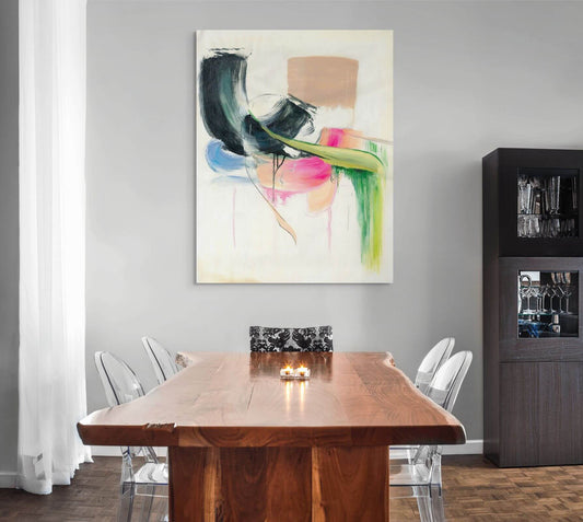 Original oil painting 'Soft Collision' displayed in modern dining room, showcasing bold colors and abstract design.
