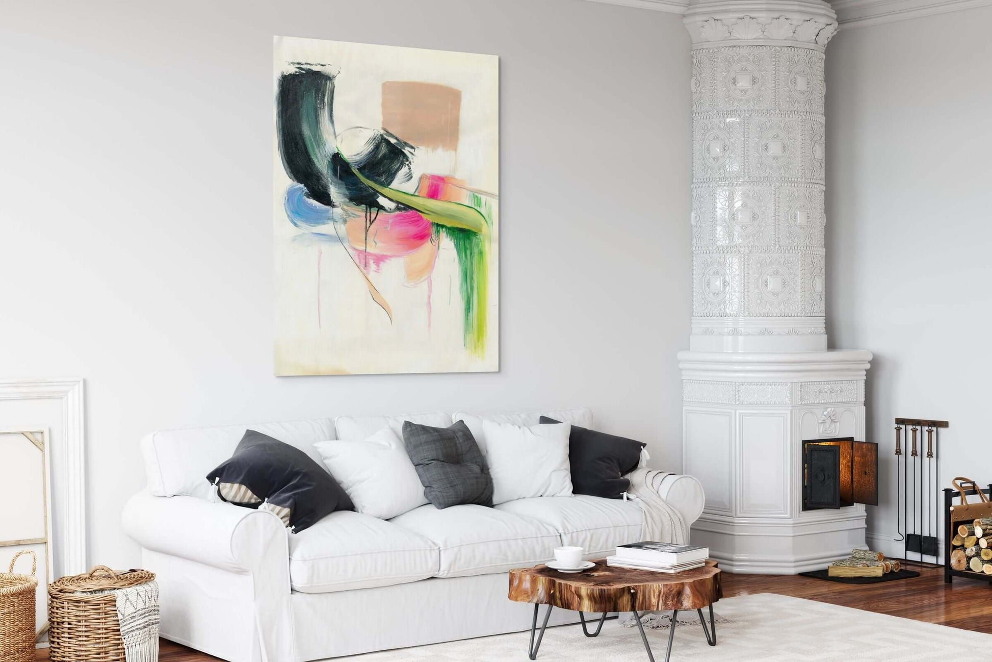 Original oil painting 'Soft Collision' displayed in a modern living room, showcasing dynamic colors and abstract forms.
