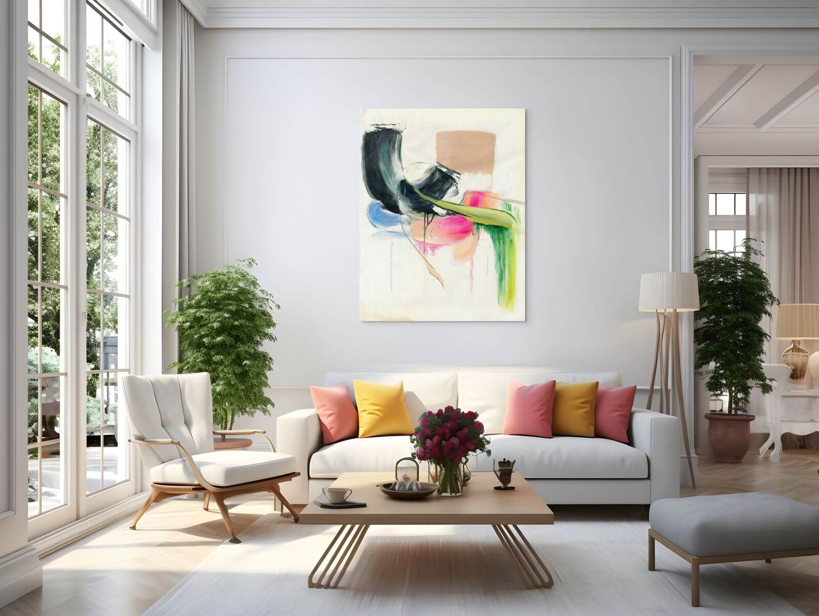 Original oil painting 'Soft Collision' displayed in a bright modern living room, featuring dynamic colors and abstract design.