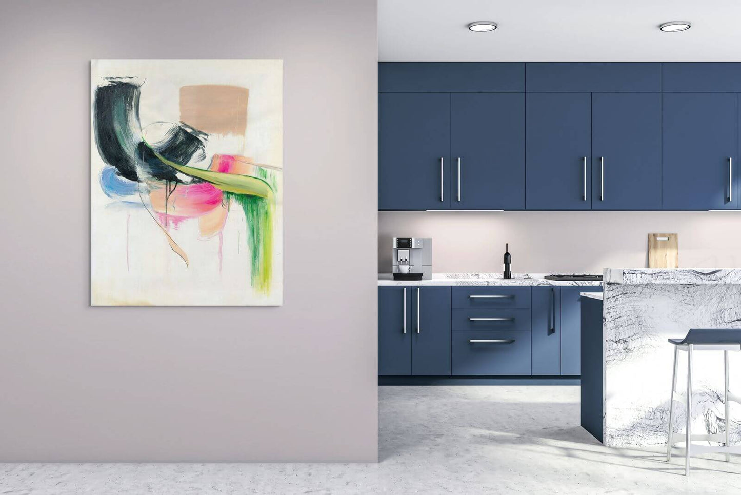 Original oil painting 'Soft Collision' displayed in a modern kitchen, featuring dynamic colors and textures.